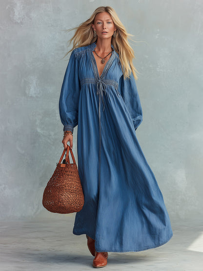 Chic Urban Lace-Up Blue V-Neck Denim Maxi Dress