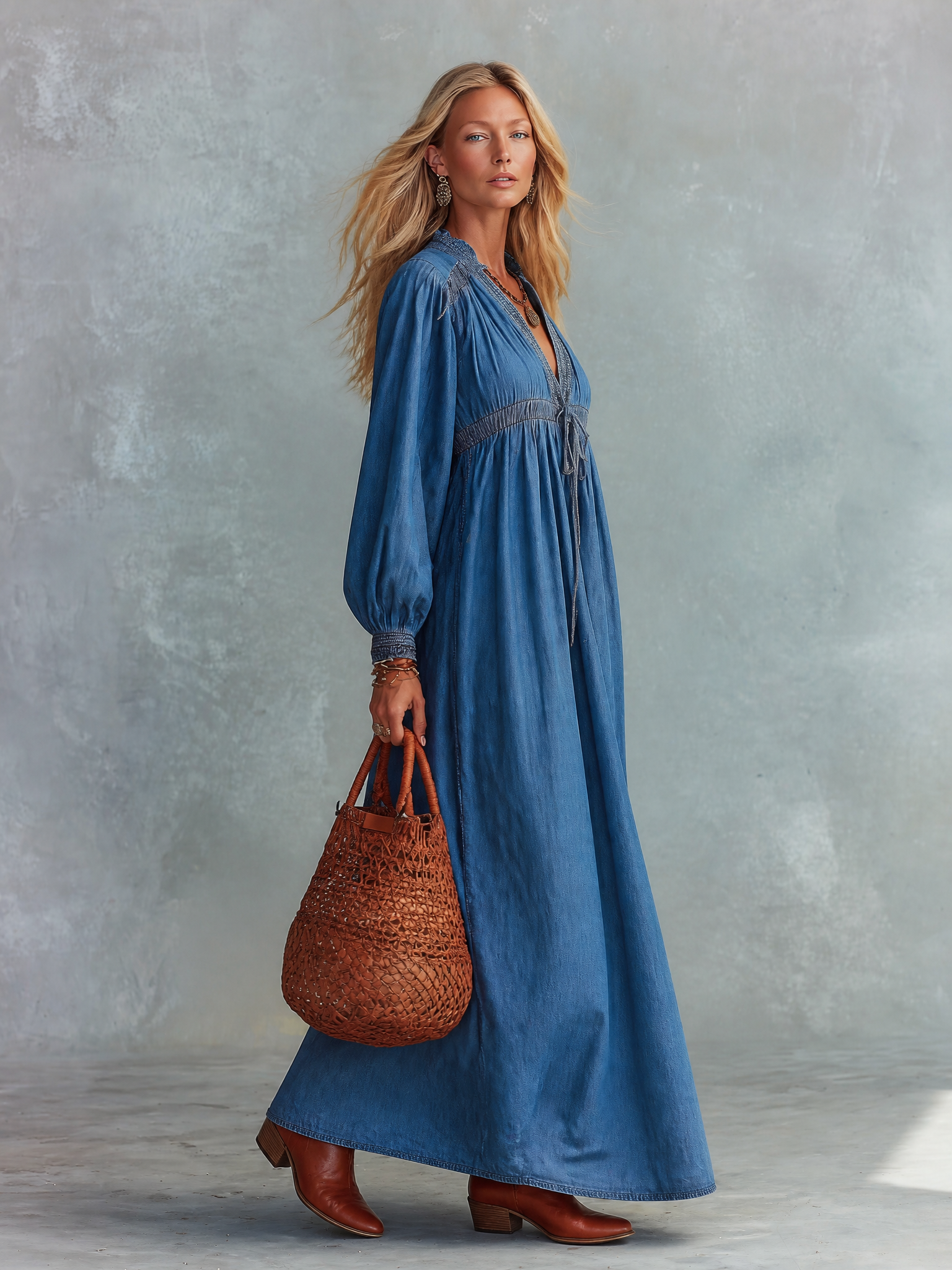 Chic Urban Lace-Up Blue V-Neck Denim Maxi Dress