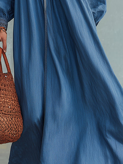 Chic Urban Lace-Up Blue V-Neck Denim Maxi Dress