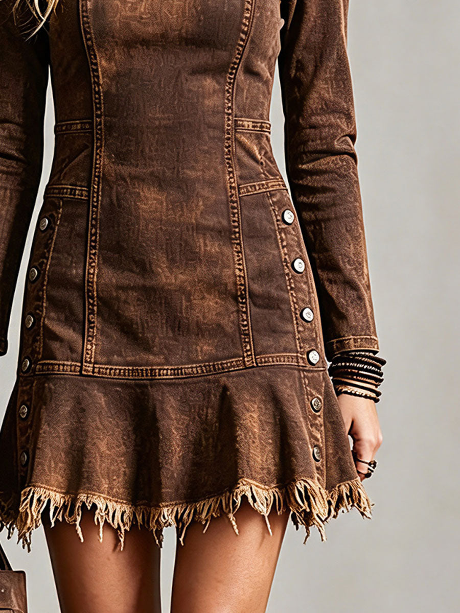 Western Retro Button-Up Slit Frayed Edge Long Sleeve Dark Brown Denim Mini Dress