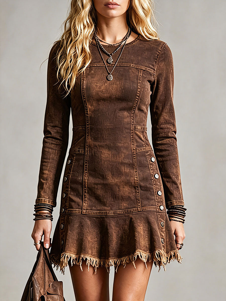 Western Retro Button-Up Slit Frayed Edge Long Sleeve Dark Brown Denim Mini Dress