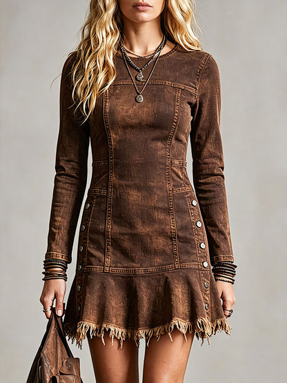 Western Retro Button-Up Slit Frayed Edge Long Sleeve Dark Brown Denim Mini Dress
