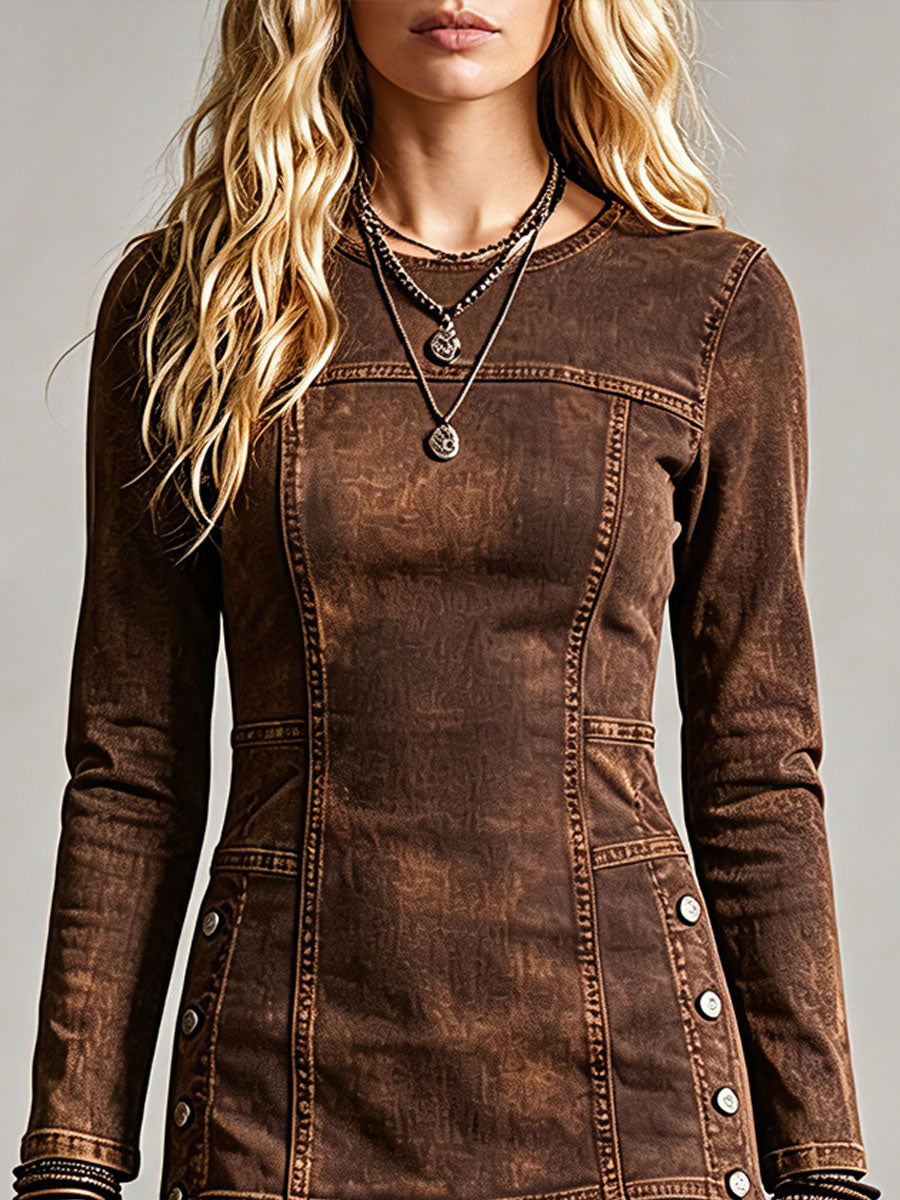 Western Retro Button-Up Slit Frayed Edge Long Sleeve Dark Brown Denim Mini Dress