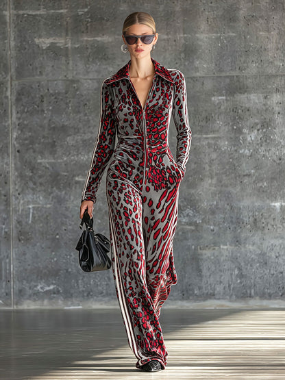 Casual Retro Striped Abstract Leopard Print Long-Sleeved Velvet Jumpsuit
