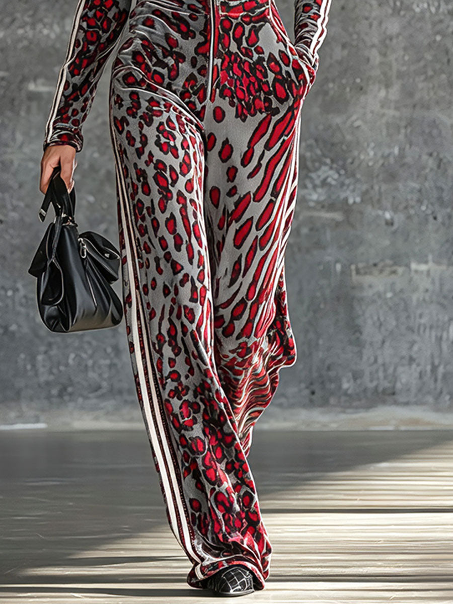 Casual Retro Striped Abstract Leopard Print Long-Sleeved Velvet Jumpsuit