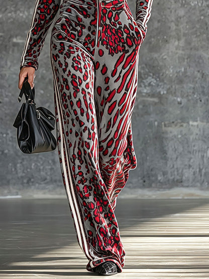 Casual Retro Striped Abstract Leopard Print Long-Sleeved Velvet Jumpsuit