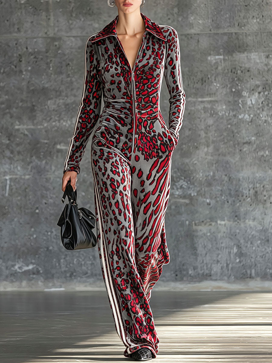 Casual Retro Striped Abstract Leopard Print Long-Sleeved Velvet Jumpsuit