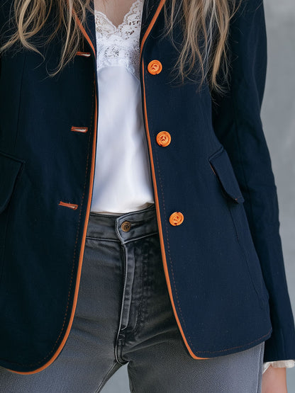 Retro-style Color-blocked Trimmed Blue Single-breasted Cotton-linen Blazer