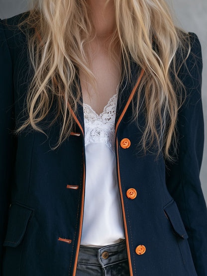 Retro-style Color-blocked Trimmed Blue Single-breasted Cotton-linen Blazer