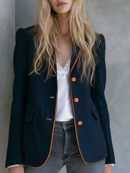 Retro-style Color-blocked Trimmed Blue Single-breasted Cotton-linen Blazer