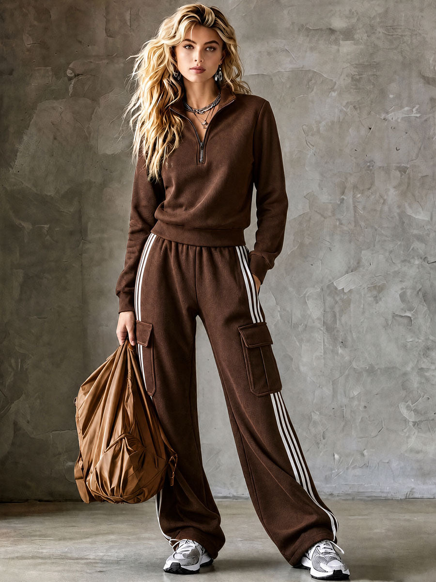 Casual Sporty Retro Striped Brown Cotton Half-Zip Sweatshirt And Cargo Pants Set