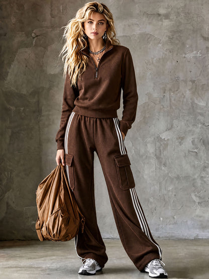 Casual Sporty Retro Striped Brown Cotton Half-Zip Sweatshirt And Cargo Pants Set