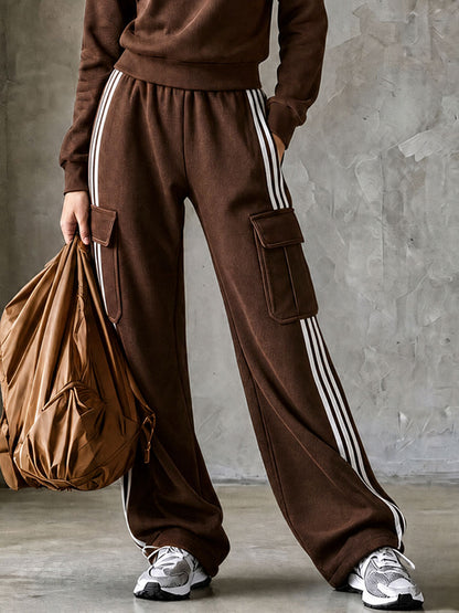 Casual Sporty Retro Striped Brown Cotton Half-Zip Sweatshirt And Cargo Pants Set