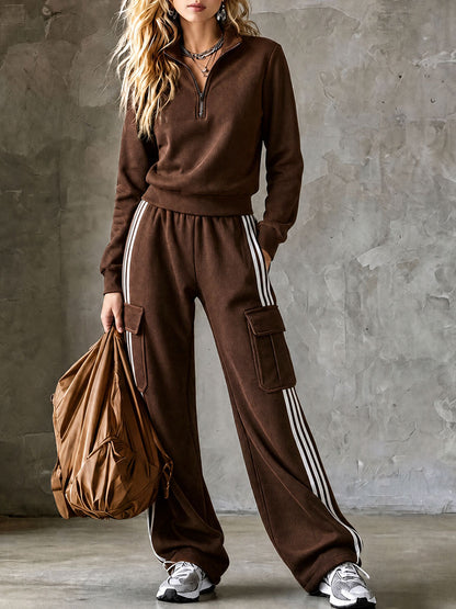 Casual Sporty Retro Striped Brown Cotton Half-Zip Sweatshirt And Cargo Pants Set