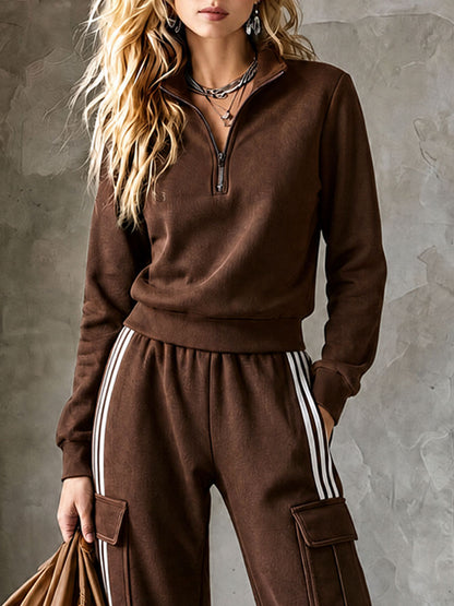 Casual Sporty Retro Striped Brown Cotton Half-Zip Sweatshirt And Cargo Pants Set