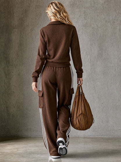 Casual Sporty Retro Striped Brown Cotton Half-Zip Sweatshirt And Cargo Pants Set