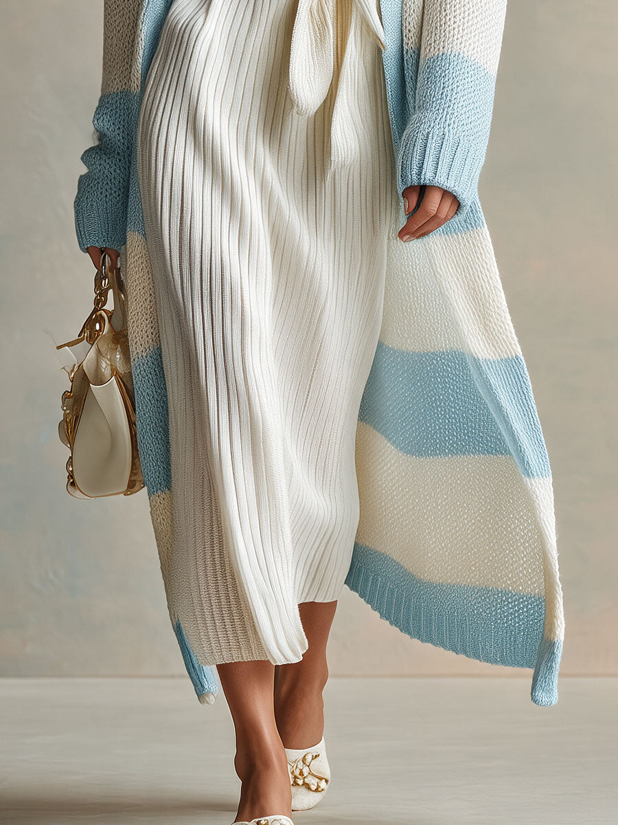 Casual Retro Blue And White Striped Long Knit Cardigan