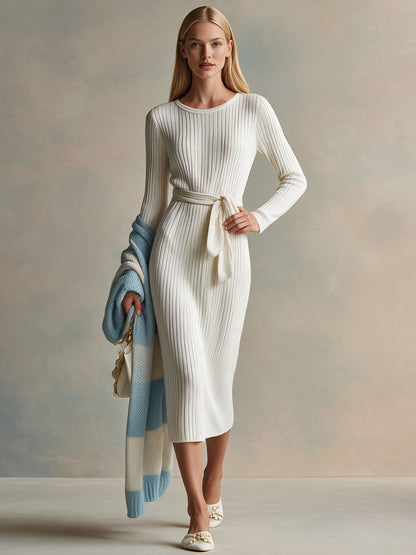 Retro Elegant White Long-sleeved Round Neck Knit Midi Dress