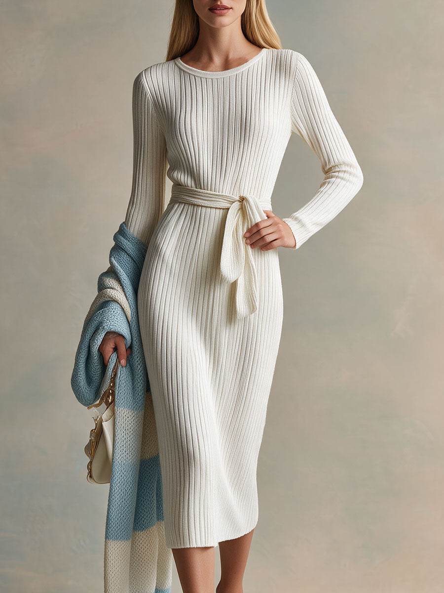 Retro Elegant White Long-sleeved Round Neck Knit Midi Dress