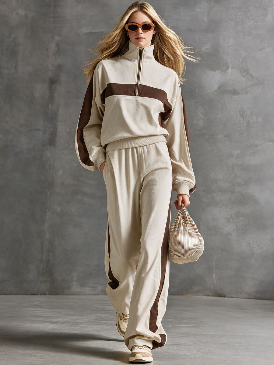 Retro Sporty Color-blocked Beige Cotton Top And Pants Set