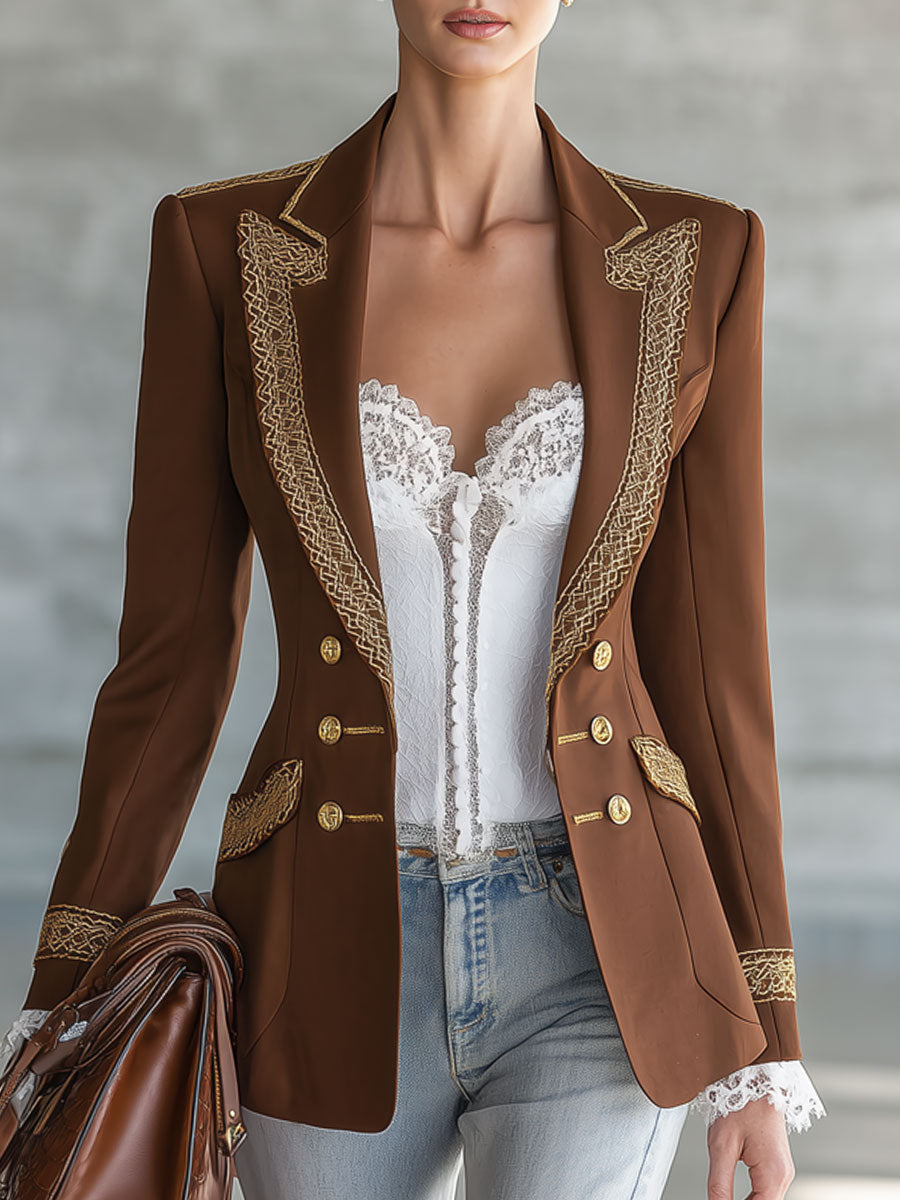 Simple And Elegant Gold-threaded Brown Blazer