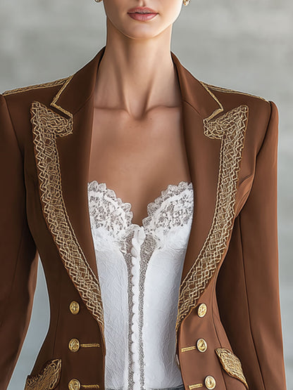 Simple And Elegant Gold-threaded Brown Blazer