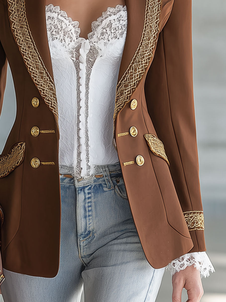 Simple And Elegant Gold-threaded Brown Blazer