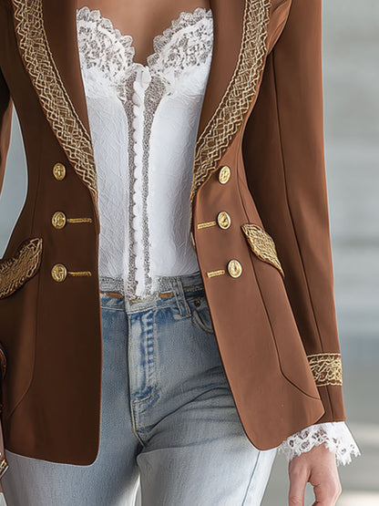 Simple And Elegant Gold-threaded Brown Blazer