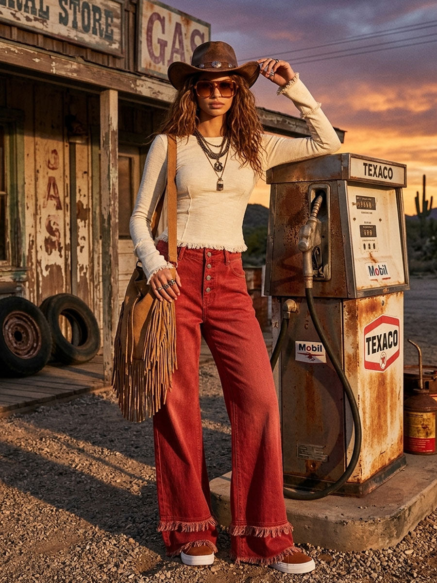 Western Retro Frayed Red Jeans