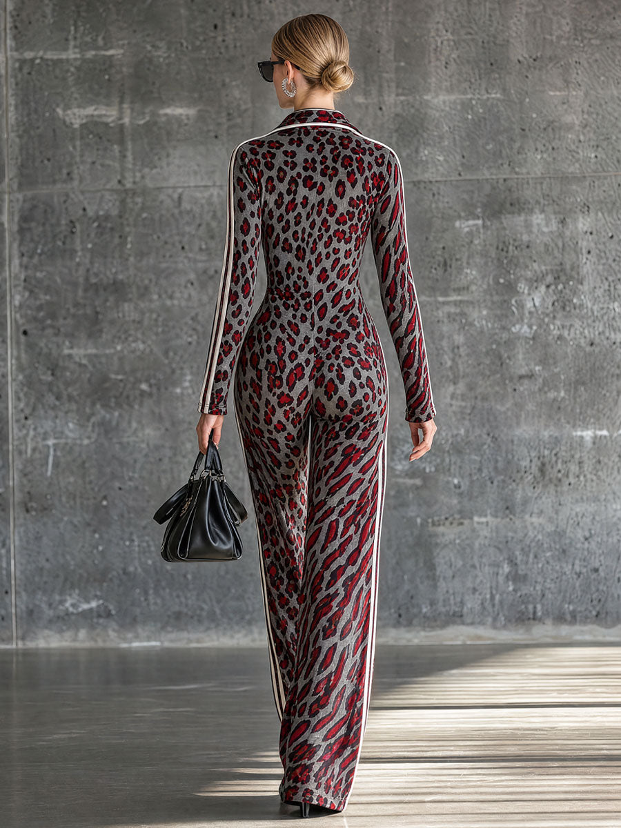 Casual Retro Striped Abstract Leopard Print Long-Sleeved Velvet Jumpsuit