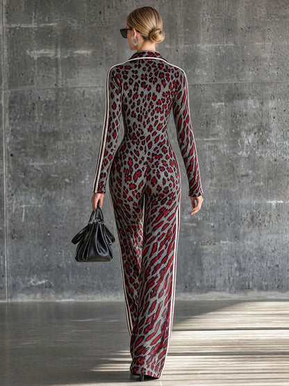 Casual Retro Striped Abstract Leopard Print Long-Sleeved Velvet Jumpsuit