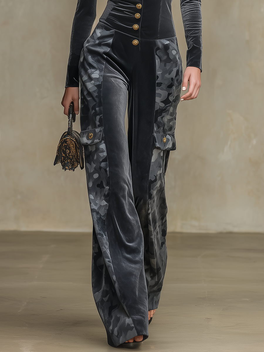 Retro-chic Camouflage-print Velvet Jumpsuit