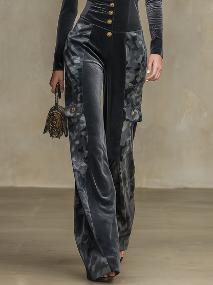 Retro-chic Camouflage-print Velvet Jumpsuit