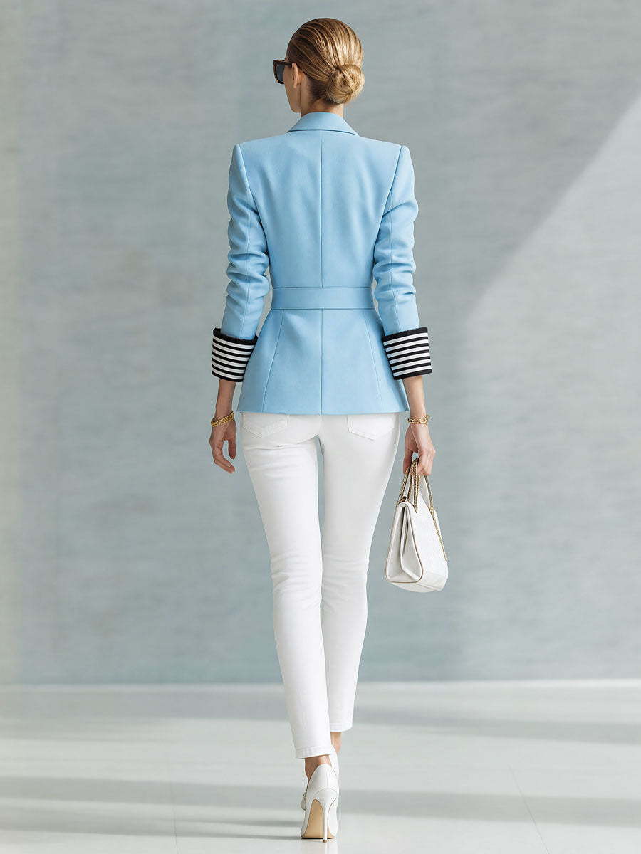 Simple And Elegant Striped Long-sleeved Blue Belted Blazer