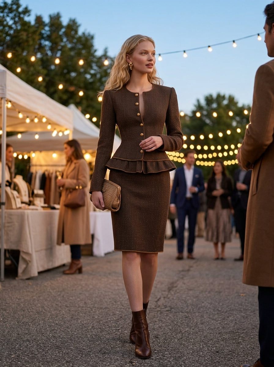 Brown Tweed Set With A Retro, Casual, And Elegant Style