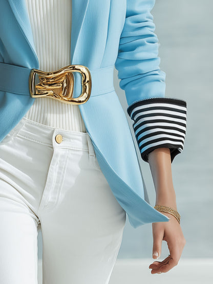 Simple And Elegant Striped Long-sleeved Blue Belted Blazer