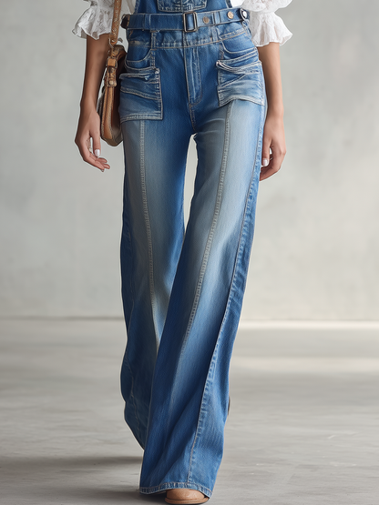 Retro Center-seam-paneled Multi-pocket Loose Wide-leg Denim Overalls