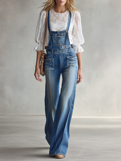 Retro Center-seam-paneled Multi-pocket Loose Wide-leg Denim Overalls