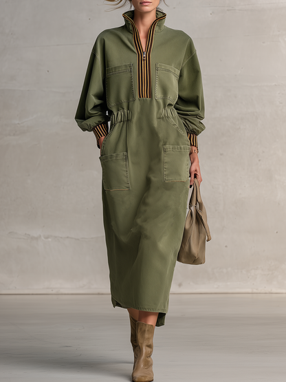 Retro Stand-collar Half-zip Striped Cuffed Belted Workwear Dress