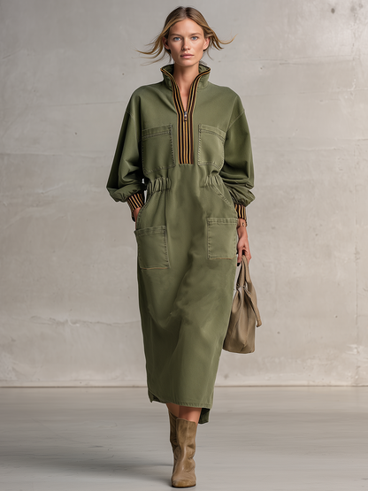 Retro Stand-collar Half-zip Striped Cuffed Belted Workwear Dress