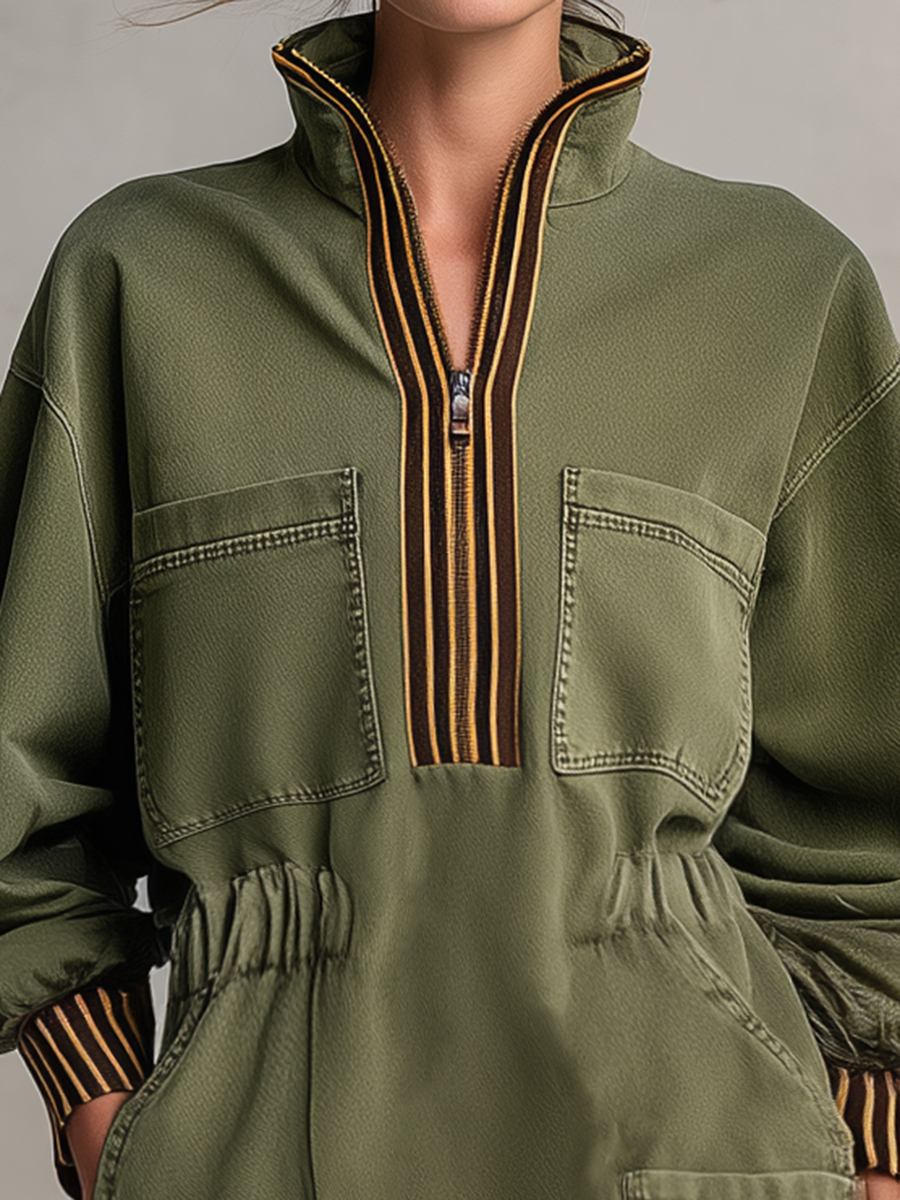 Retro Stand-collar Half-zip Striped Cuffed Belted Workwear Dress