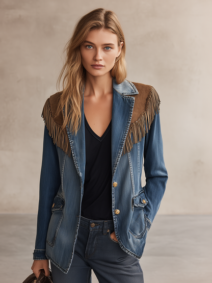 Retro Blue Suede Fringe-paneled Denim Blazer