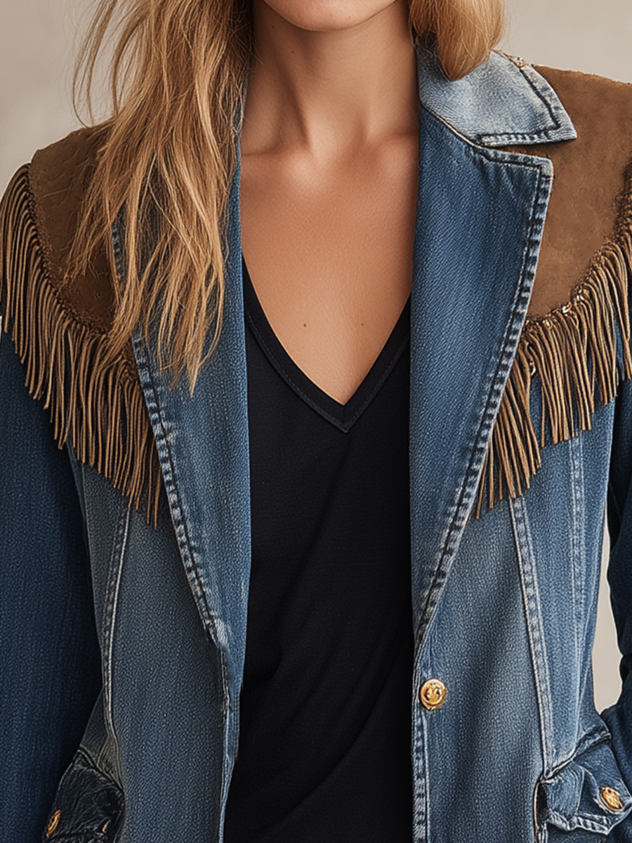 Retro Blue Suede Fringe-paneled Denim Blazer