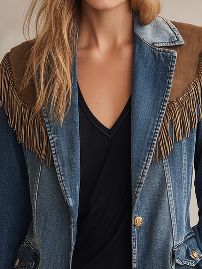 Retro Blue Suede Fringe-paneled Denim Blazer