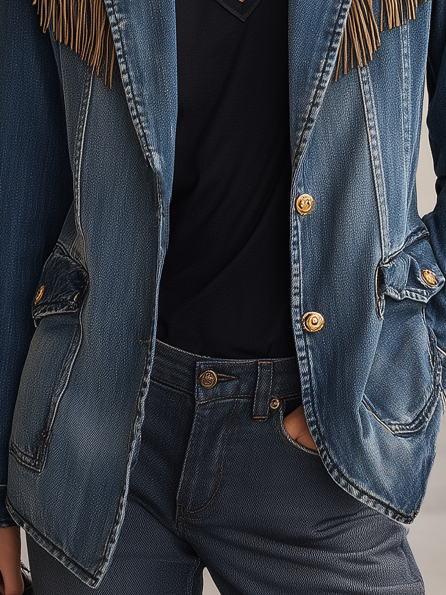Retro Blue Suede Fringe-paneled Denim Blazer