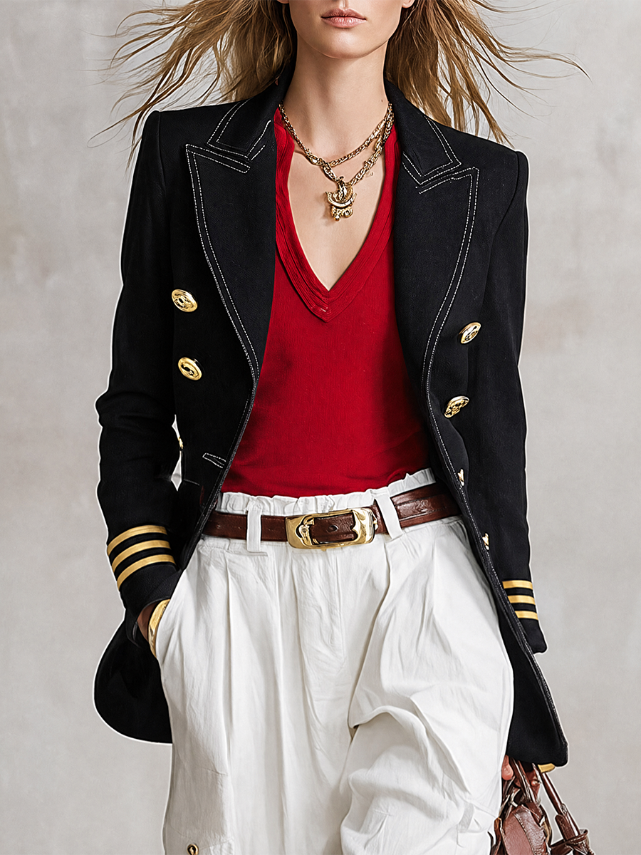 Chic Urban Style Gold-tone Trim Metal Clasp Black Blazer