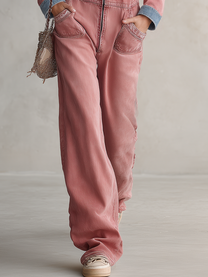Retro Hooded Zip Raw-hem Big-pocket Wide-leg Pink Jumpsuit