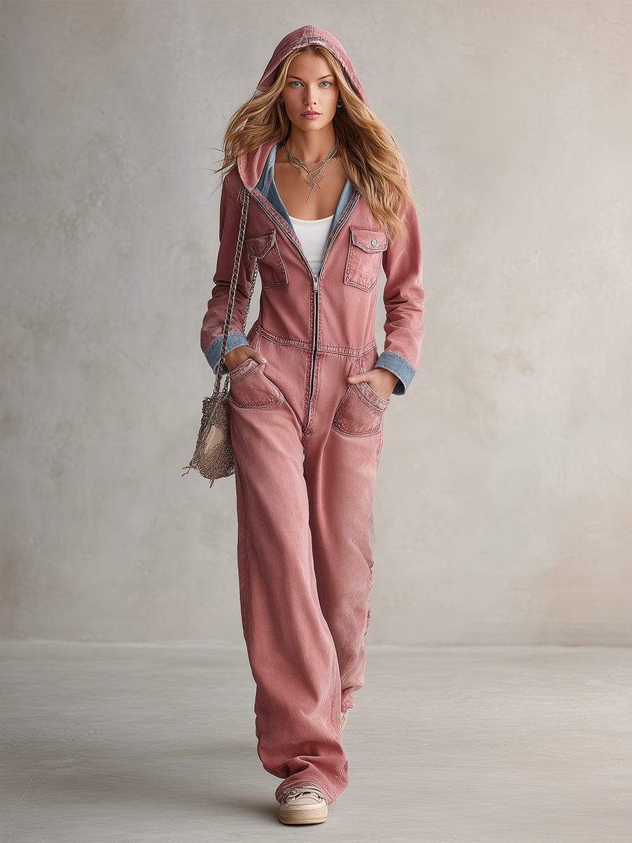 Retro Hooded Zip Raw-hem Big-pocket Wide-leg Pink Jumpsuit