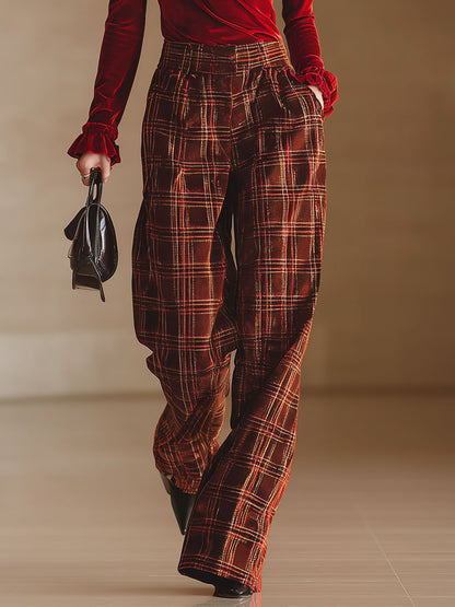 Elegant Red Velvet Square Neck Ruffled T-Shirt And Plaid Pants Set