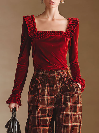 Elegant Red Velvet Square Neck Ruffled T-Shirt And Plaid Pants Set